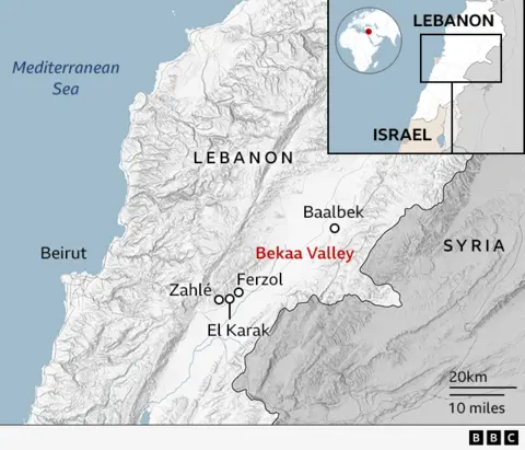 Map of the Bekaa Valley in eastern Lebanon. The towns Baalbek, Feral, Zahle and El Karak are marked.