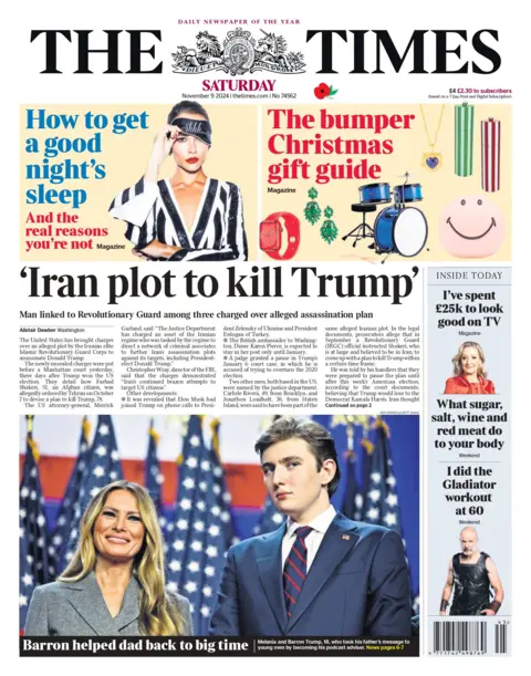 The headline on the front page of the Times reads: "Iran plot to kill Trump"  