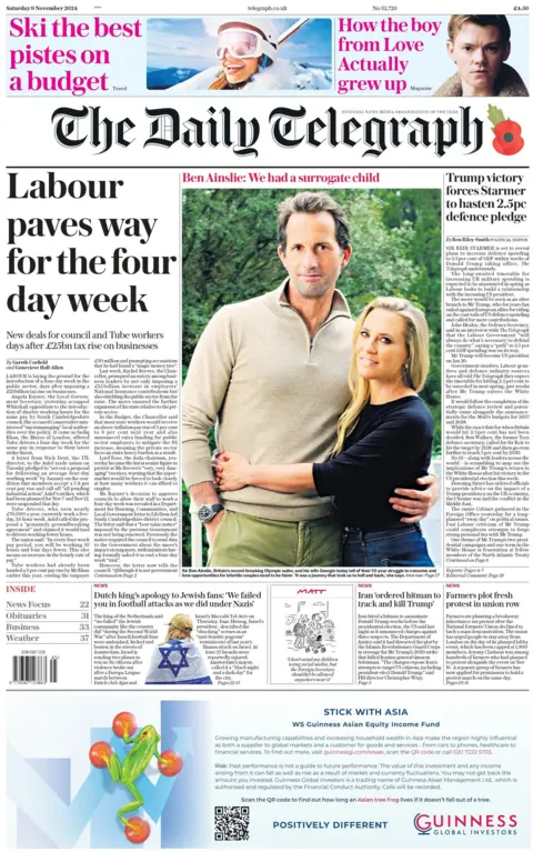 The headline on the front page of the Daily Telegraph reads: "Labour paves way for the four day week"