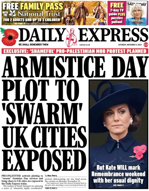 The headline on the front page of the Daily Express reads: "Armistice Day plot to 'swarm' UK cities exposed" 