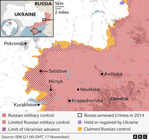 A map showing areas of control in eastern Ukraine