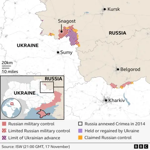 A BBC graphic showing areas of control in Kursk