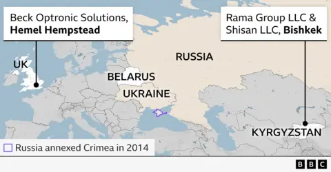 A map showing the locations of Beck Optronic Solutions in Hemel Hempstead, UK, and of Rama Group LLC and Shisan LLC in Bishkek, Kyrgyzstan, as well as Belarus, where Valeria lives, Russia, and Ukraine.
The map also shows Crimea, which was annexed by Russia in 2014.