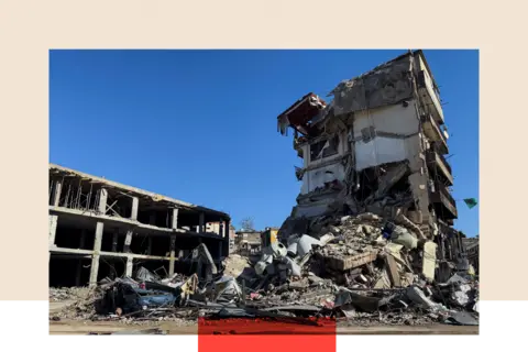 Reuters A treated image showing buildings in ruins after an Israeli strikes in Southern Lebanon