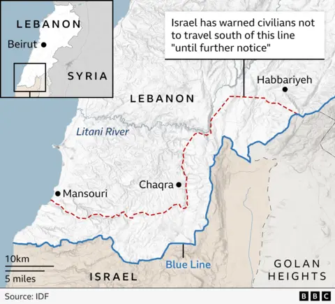 Israeli army map showing restrictions on returning south Lebanese residents
