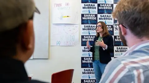 Getty Images Democrat Sarah McBride speaks at her campaign office in Delaware