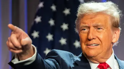 Shutterstock Donald Trump points. he is wearing a red tie, white shirt and blue jacket and there is an American flag behind him