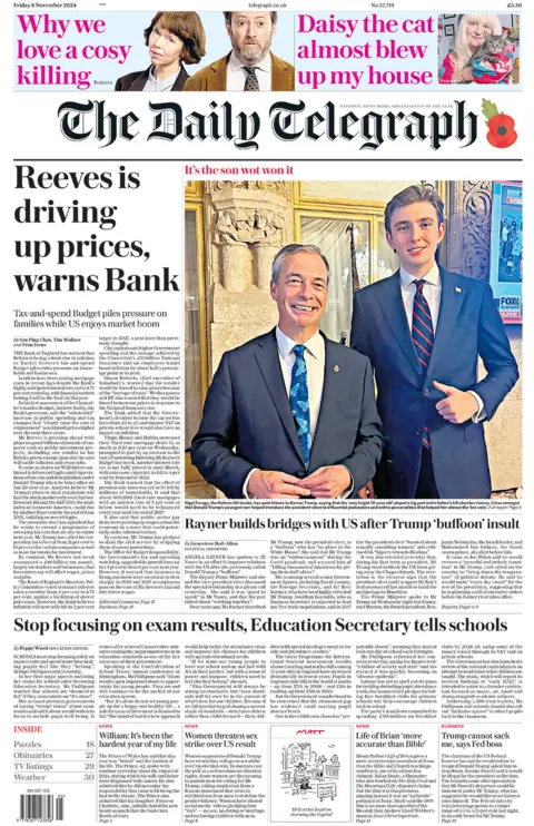 The headline on the front page of the Daily Telegraph reads: "Reeves is driving up prices, warns Bank"  