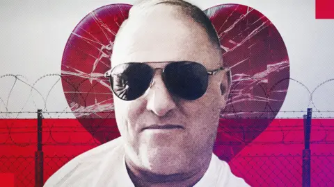 BBC A red-coloured graphic made up of three parts. In the foreground is the head and shoulders of a man with receding hair, wearing dark sunglasses and a white t-shirt. Behind him is a red heart with cracks running across it and a silhouetted chain-linked fence topped with barbed wire.