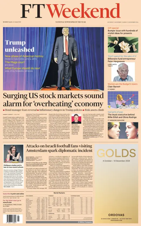 BBC The headline on the front page of the Financial Times reads: "Surging US stock markets sound alarm for 'overheating economy'" 