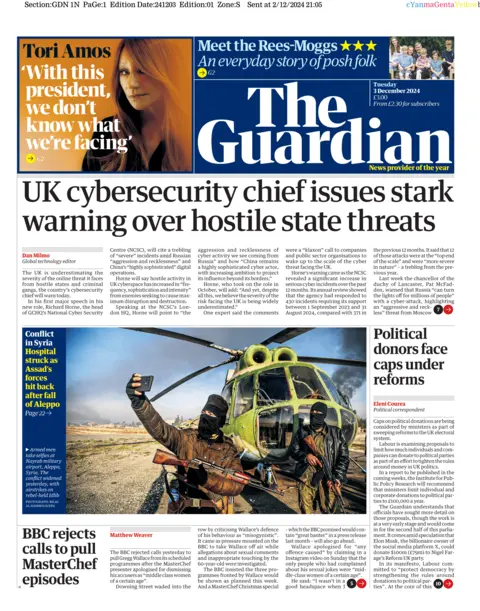 The Guardian front page with headline: "UK cybersecurity chief issues stark warning over hostile state threats. 