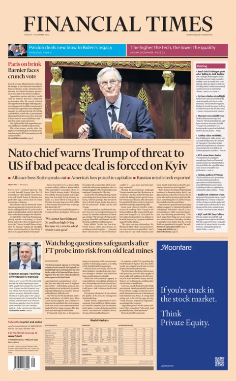 Financial Times front page with headline: "Nato chief warns Trump of threat to US if bad peace deal is forced on Kyiv"