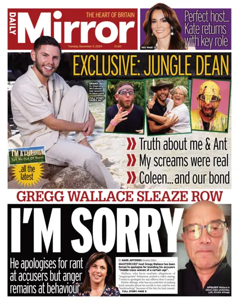 The Daily Mirror front page with headlines: "Gregg Wallace Sleaze Row" and "I'm Sorry"