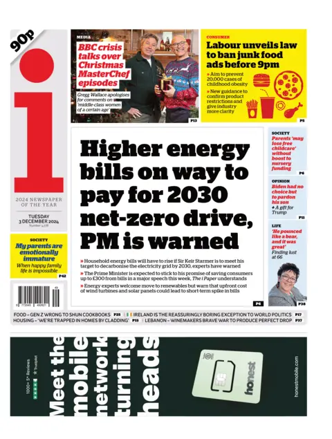 The front of the i newspaper reads 'Higher energy bills on way to pay for 2030 net-zero drive, PM is warned'