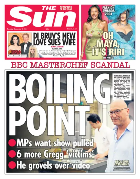 The Sun front page with headlines: "BBC Masterchef Scandal" and "Boiling Point"