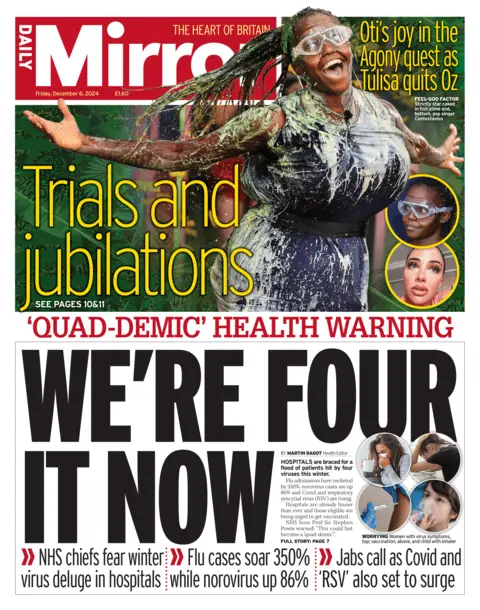 Daily Mirror front page with headline: "We’re four it now" 