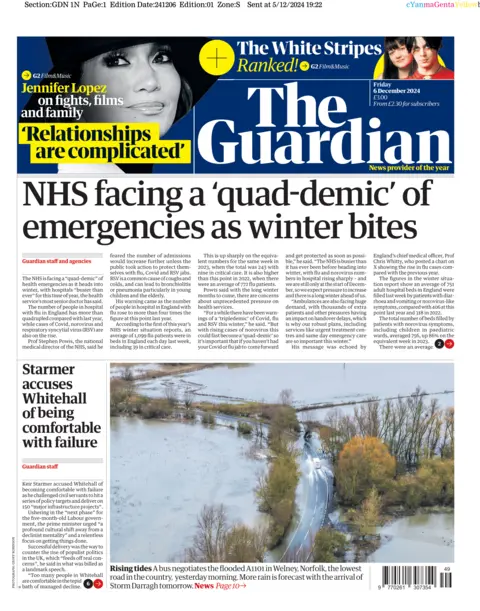 Guardian front page headline: "NHS facing a 'quad-demic' of emergencies as winter bites"