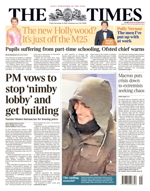 The Times front page with headline: "PM vows to stop ‘nimby lobby’ and get building