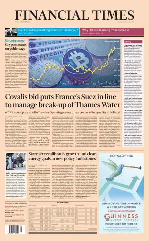 FT front page headline: "Covalis bid puts France’s Suez in line to manage break-up of Thames Water"