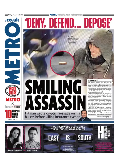 The Metro front page with headline "smiling assassin". It features three images, one of CCTV of a man from behind, wearing a hood and firing a gun with a suppressor. The second is of a man in hood smiling on CCTV. The third is a picture of a bullet casing, 