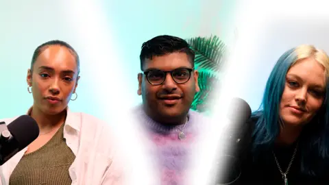 Youth Music and Kwanne A montage of three individual headshots. Far left is a woman in a green khaki top and cream jacket, in the middle is a man with glasses in a lilac jumper and far right is a woman with blue hair and a black jumper.