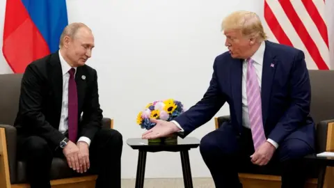Reuters Russian leader Vladimir Putin, to the left of the picture, looks down at the hand of Donald Trump, who is speaking to him on the right. 

Both men are sat, wearing suits, with flags behind them. There are some flowers on the table between them. 
