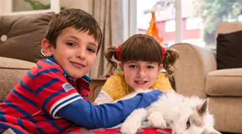 Two children smile while stroking a cat