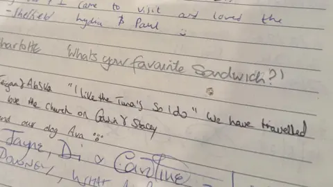 An entry in the church visitors book saying "I like the tunas, so i do " from fans who drove for three hours to visit the church