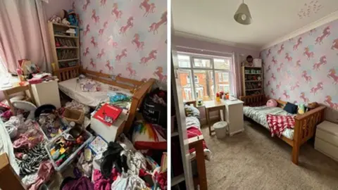 Dora Brown One of the bedrooms before the charity visited covered in clothes (left) and after (right)