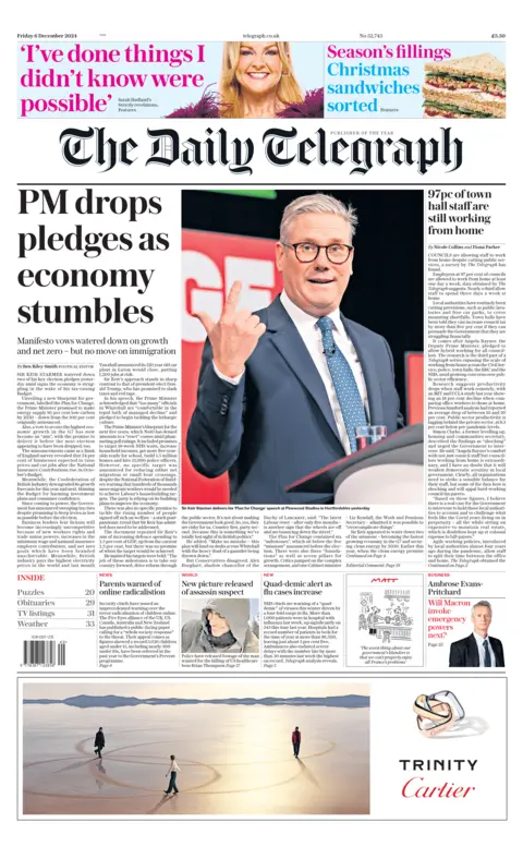 The Daily Telegraph headline: "PM drops pledges as economy stumbles"