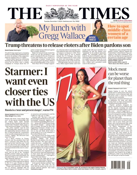 The Times front page headline: "Starmer I want even closer ties with the US"