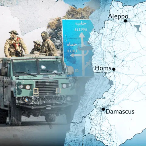 BBC An image of anti-government rebel fighters on a vehicle with a map showing Syria imposted in the foreground.
