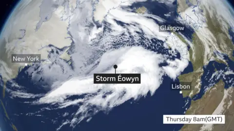 A satellite image of Storm Storm Éowyn over the UK