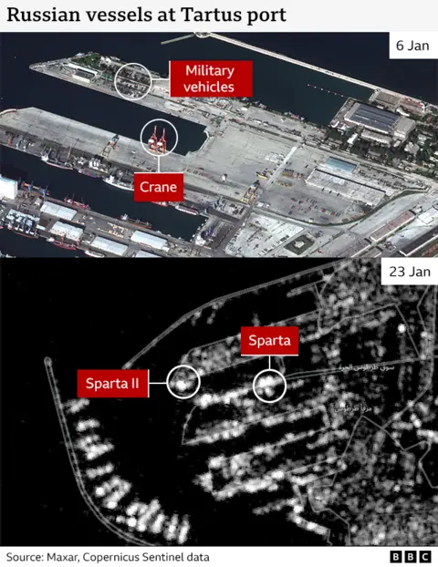 A BBC Graphic showing satellite imagery of Tartous port. The top image shows a clear photo of the empty port from 6 January. The bottom image shows lower resolution photos in which the ships can be seen as of 23 January.