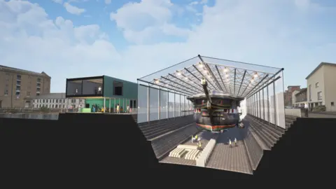 LDN Architects An artist's impression of a large black historic ship in dry dock, surrounded by a visitors centre