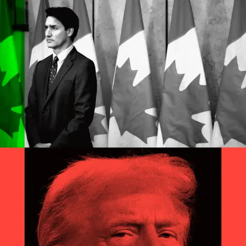 BBC Montage image with Justin Trudeau in front of Canadian flags, with headshot of Trump below