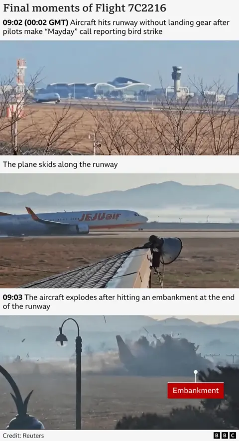 A graphic shows the final moments of Flight 7C2216 with the aircraft touching down with landing gear up on the runway near the airport. The photo below shows the Jeju Air plane skidding along the runway. The bottom image shows the aircraft in a dark cloud of debris as it hits an embankment.