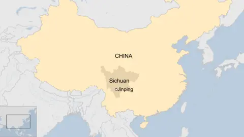 Map: A map showing the country of China. Within the borders of China, Sichuan province in the central southwest is highlighted