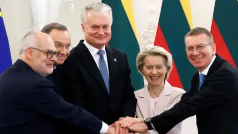 Getty Images (LtoR) Estonian President Alar Karis, Polish President Andrzej Duda, Lithuanian President Gitanas Nauseda, EU chief Ursula von der Leyen and Latvian President Edgars Rinkevics pose after addressing a press conference at the presidential palace in Vilnius, Lithuania on February 9, 2025.