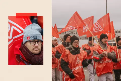 Getty Images Two images: On the left a person on a demonstration, and an image on the right shows people waving union flags