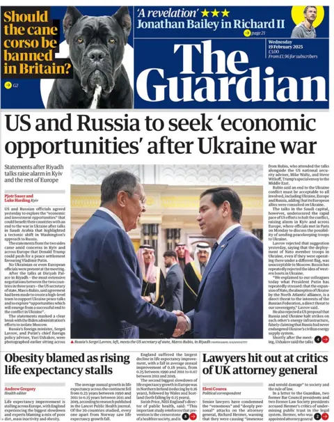 Guardian headline reads: US and Russia to seek 'economic opportunities' after Ukraine war