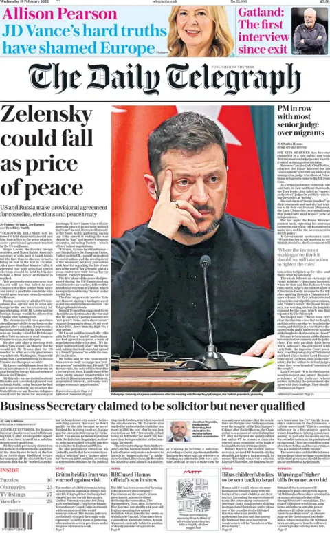 Daily Telegraph headline reads: Zelensky could fall as price of peace