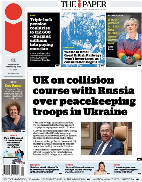 i newspaper reads: UK on collision course with Russia over peacekeeping troops in Ukraine
