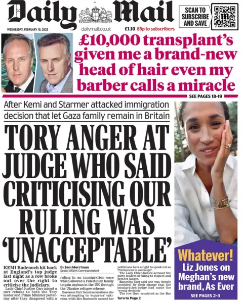 Daily Mail headline reads: Tory anger at judge who said criticising our ruling was 'unacceptable'