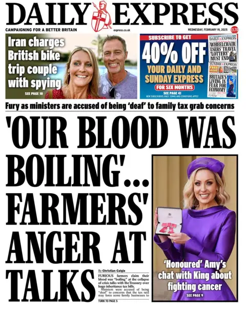 Daily Express headline reads: 'Our blood was boiling'... farmers' anger at talks