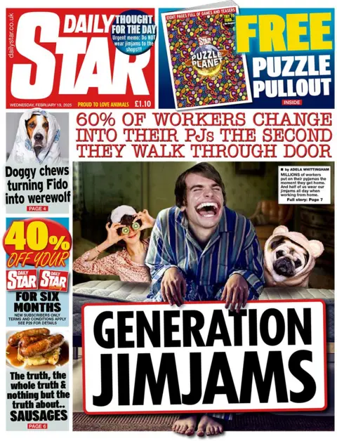Daily Star headline reads: Generation JimJams - 60% of workers change into their PJs the second they walk through door