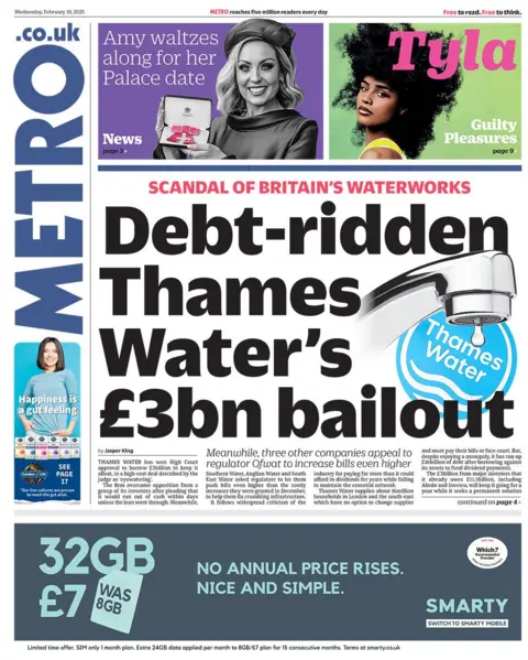 Metro headline reads: Debt-ridden Thames Water's £3bn bailout