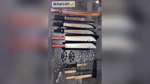 Police handout A screengrab from Petrescu's social media page offering a range of knives for sale including serrated machetes - now likely classed as "zombie-style knives" - as well as shorter knives and knuckledusters, with a message saying "All that's left" with a smiley emoticon.
