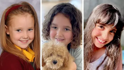 Family handouts A composite image showing an image of each of the three girls who was killed: Elsie, who has long fair hair and is wearing a burgundy jumper and a yellow shirt as she smiles for a studio portrait; Alice who has long dark hair is wearing a white top and Bebe is holding a dog with curly dark hair and is wearing a grey top and dark trousers.