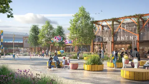 Virtual Planit An artist's impression of families enjoying a new inner city park.